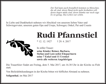 Traueranzeige von Rudi Pfannstiel von Südthüringer Presse