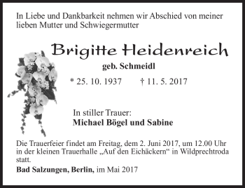 Traueranzeige von Brigitte Heidenreich von Südthüringer Presse