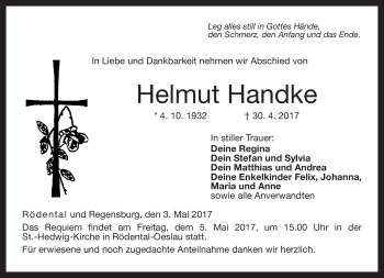 Traueranzeige von Helmut Handke von Neue Presse Coburg