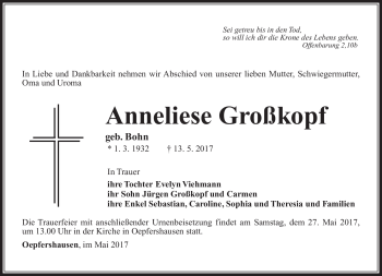 Traueranzeige von Anneliese Großkopf von Südthüringer Presse