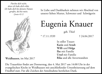 Traueranzeige von Eugenia Bauer von Neue Presse Coburg