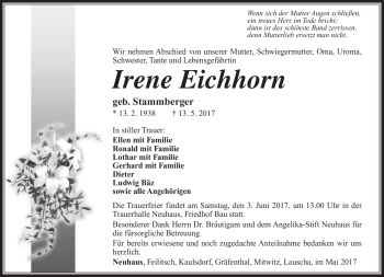 Traueranzeige von Irene Eichhorn von Südthüringer Presse