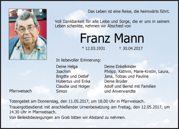 Traueranzeige von Franz Mann von Neue Presse Coburg