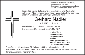 Traueranzeige von Gerhard Nadler von Frankenpost