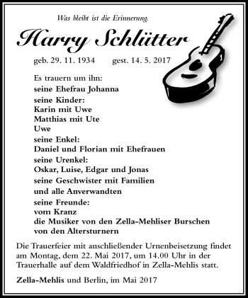 Traueranzeige von Harry Schlütter von Südthüringer Presse