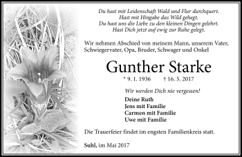 Traueranzeige von Gunther Starke von Südthüringer Presse