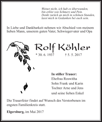 Traueranzeige von Rolf Köhler von Südthüringer Presse