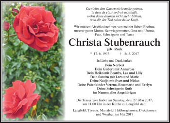 Traueranzeige von Christa Stubenrauch von Südthüringer Presse