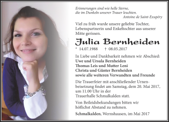 Traueranzeige von Julia Bernheiden von Südthüringer Presse