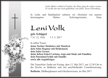 Traueranzeige von Leni Volk von Südthüringer Presse