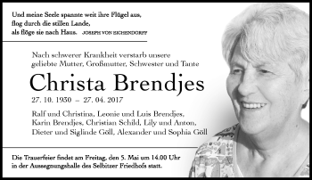 Traueranzeige von Christa Brendjes von Frankenpost