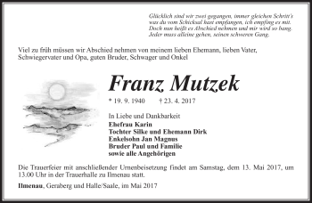 Traueranzeige von Franz Mutzek von Südthüringer Presse