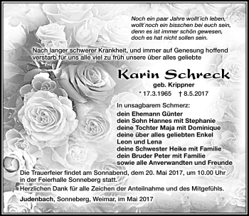 Traueranzeige von Karin Schreck von Südthüringer Presse