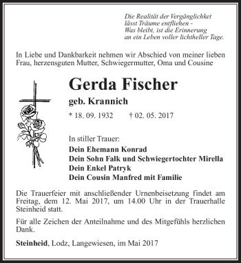 Traueranzeige von Gerda Fischer von Südthüringer Presse