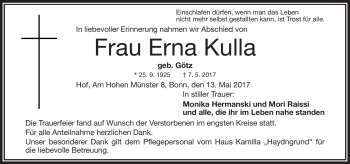 Traueranzeige von Erna Kulla von Frankenpost