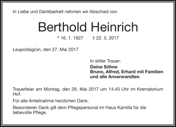 Traueranzeige von Berthold Heinrich von Frankenpost