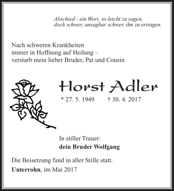 Traueranzeige von Horst Adler von Südthüringer Presse