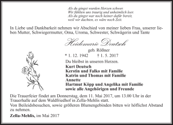 Traueranzeige von Heidemarie Deutsch von Südthüringer Presse
