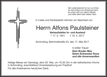 Traueranzeige von Alfons Paulsteiner von Frankenpost