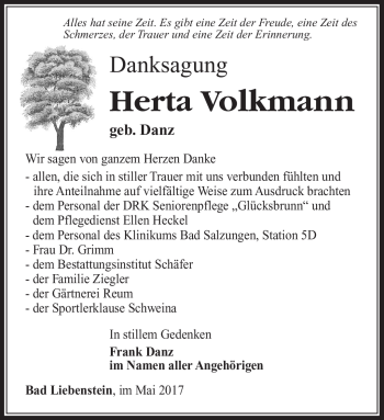 Traueranzeige von Herta Volkmann von Südthüringer Presse