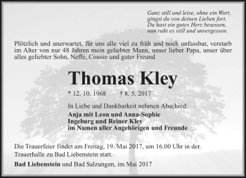 Traueranzeige von Thomas Kley von Südthüringer Presse