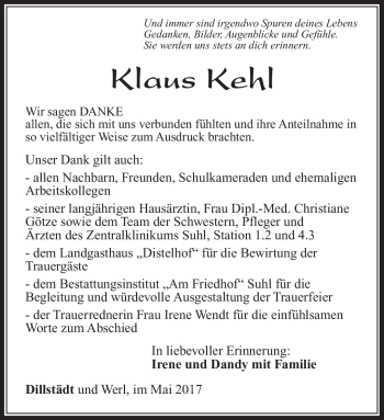 Traueranzeige von Klaus Kehl von Südthüringer Presse