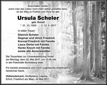 Traueranzeige von Ursula Scheler von Südthüringer Presse