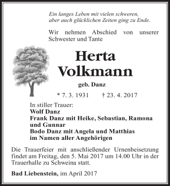 Traueranzeige von Herta Volkmann von Südthüringer Presse