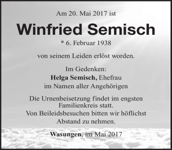 Traueranzeige von Winfried Semisch von Südthüringer Presse
