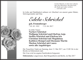 Traueranzeige von Edela Schrickel von Südthüringer Presse