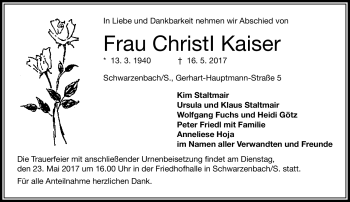 Traueranzeige von Christl Kaiser von Frankenpost