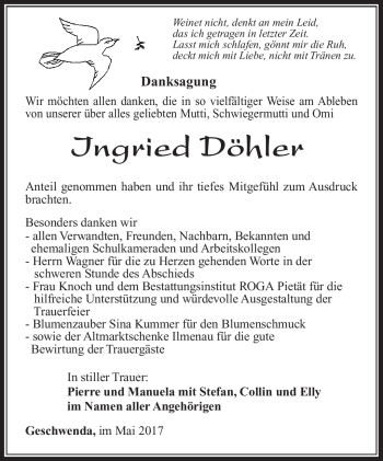 Traueranzeige von Ingried Döhler von Südthüringer Presse