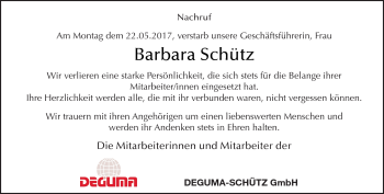 Traueranzeige von Schütz Barbara von Südthüringer Presse