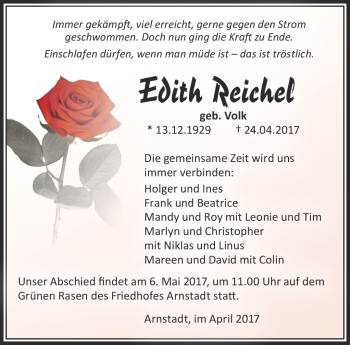 Traueranzeige von Edith Reichel von Südthüringer Presse