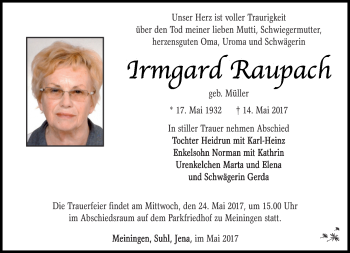Traueranzeige von Irmgard Raupach von Südthüringer Presse