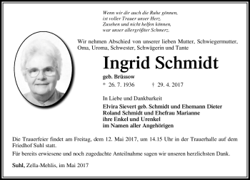 Traueranzeige von Ingrid Schmidt von Südthüringer Presse