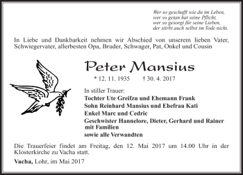 Traueranzeige von Peter Mansius von Südthüringer Presse
