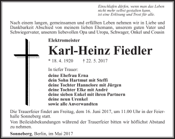 Traueranzeige von Karl-Heinz Fiedler von Südthüringer Presse