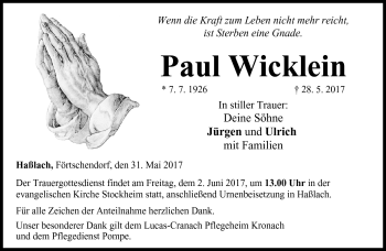 Traueranzeige von Paul Wicklein von Neue Presse Coburg