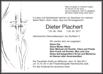 Traueranzeige von Dieter Plachert von Frankenpost
