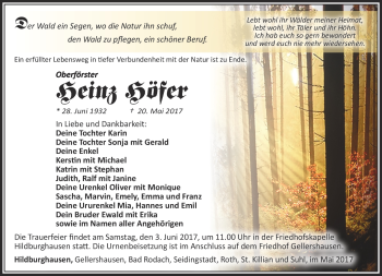 Traueranzeige von Heinz Höfer von Südthüringer Presse