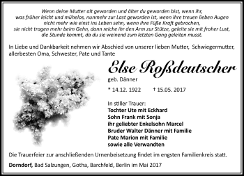 Traueranzeige von Else Roßdeutscher von Südthüringer Presse