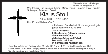 Traueranzeige von Klaus Stoll von Frankenpost