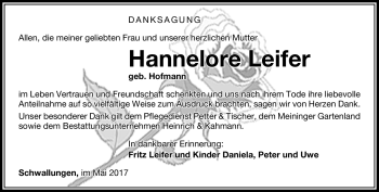 Traueranzeige von Hannelore Leifer von Südthüringer Presse