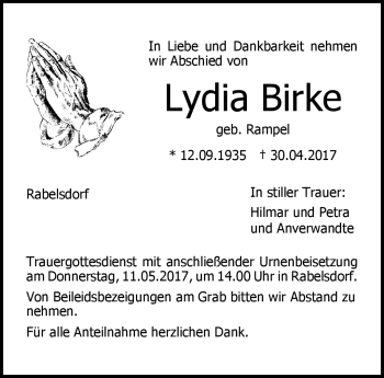 Traueranzeige von Lydia Birke von Neue Presse Coburg
