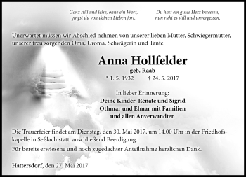Traueranzeige von Anna Hollfelder von Neue Presse Coburg