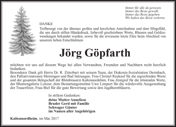Traueranzeige von Jörg Göpfarth von Südthüringer Presse
