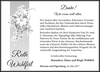 Traueranzeige von Ruth Wohlfeil von Südthüringer Presse