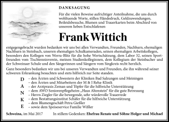 Traueranzeige von Frank Wittich von Südthüringer Presse