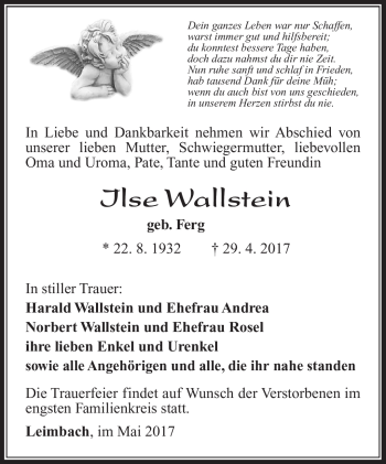 Traueranzeige von Ilse Wallstein von Südthüringer Presse